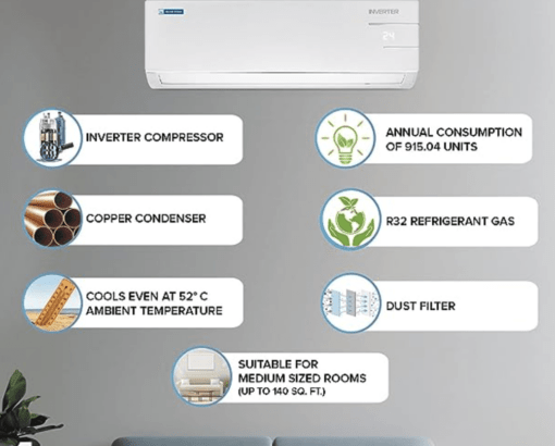 Blue Star 0.8 Ton 3 Star Inverter Split Ac (Copper, Turbo Cool, Gold Fins, Comfort Sleep, Self Clean Technology, Multi Sensors, Eco Mode, Hidden Display, Stabiliser Free, 2023 Model,Ic309Rbtu,White) - Image 2